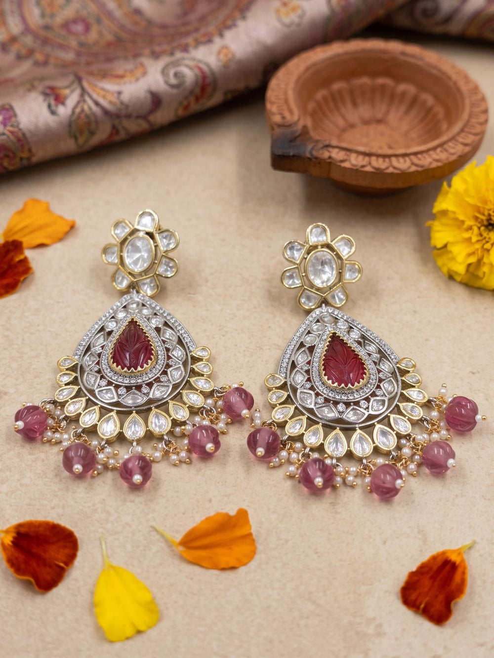 Dual Tone Kundan Polki Chandbali Earrings | Ethnic And Traditional Pink Kundan Earrings