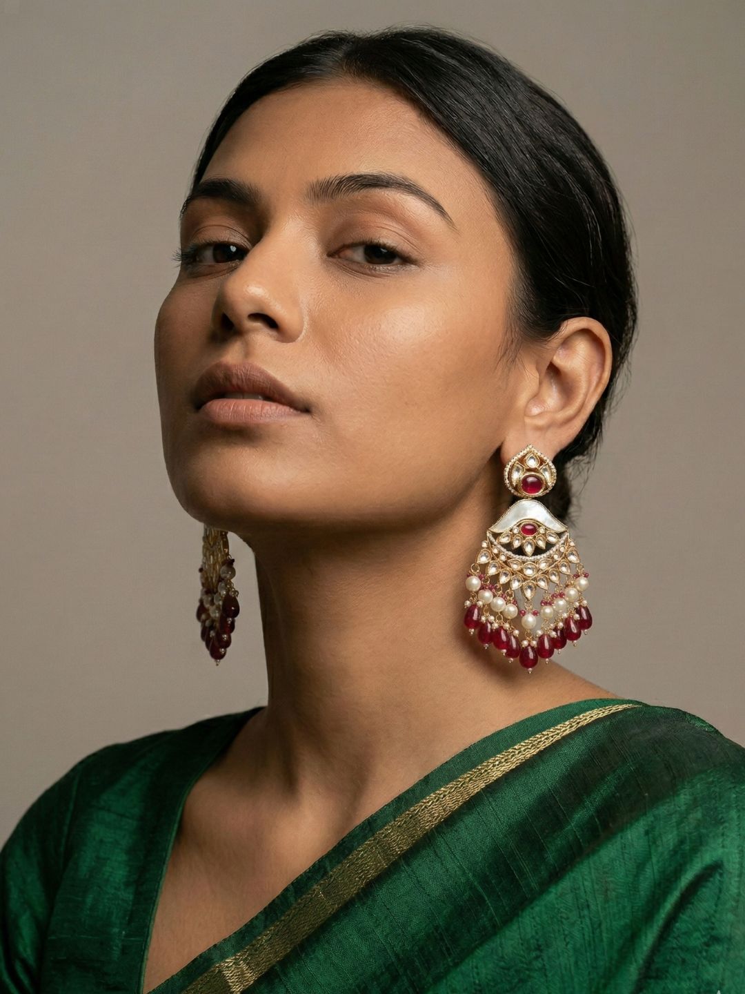 Designer Mother Of Pearl & Polki Kundan Chandbali Earrings with pearl and red bead drops | Wedding & Party Wear red kundan earrings 
