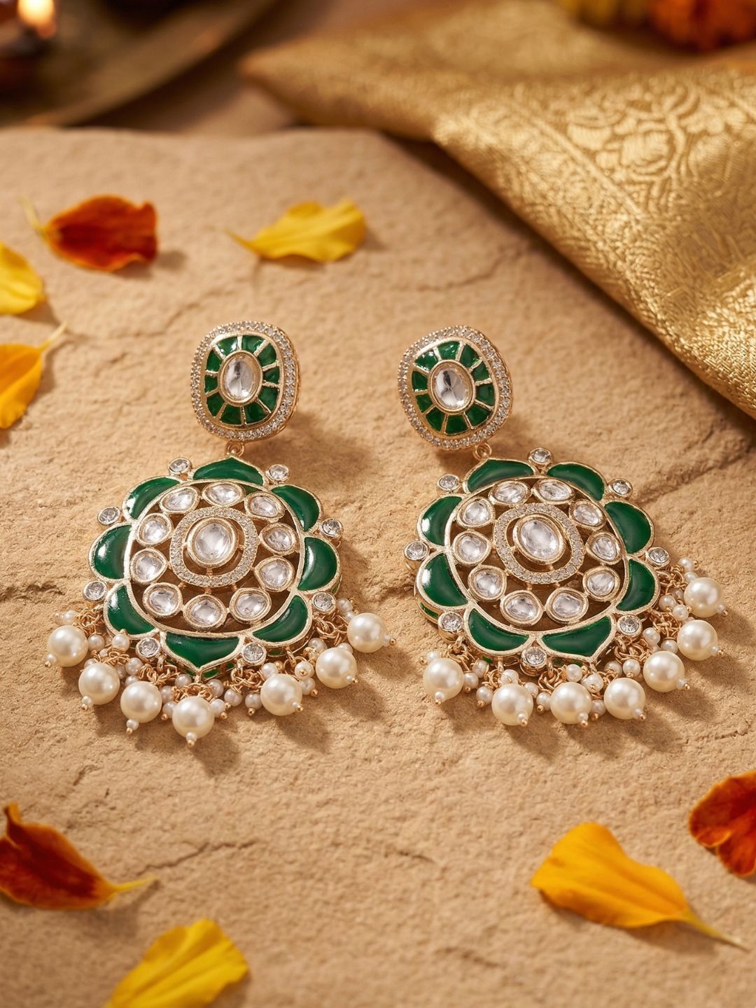 Traditional Kundan Stone Earrings for Women | Statement green chandbali Earrings For Ethnic & Festive Wear
