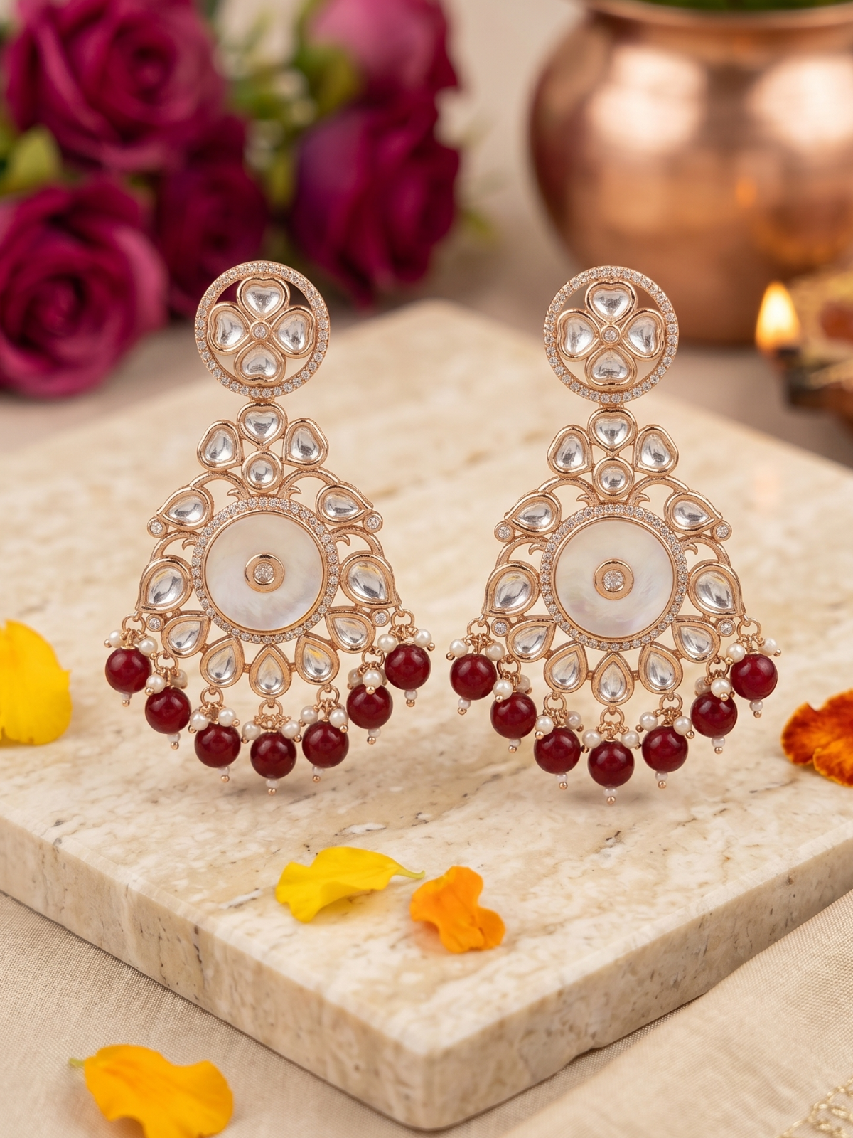 Designer Mother Of Pearl And Kundan Chandbali Earrings with red stone drops For Women - Wedding & Festive Wear