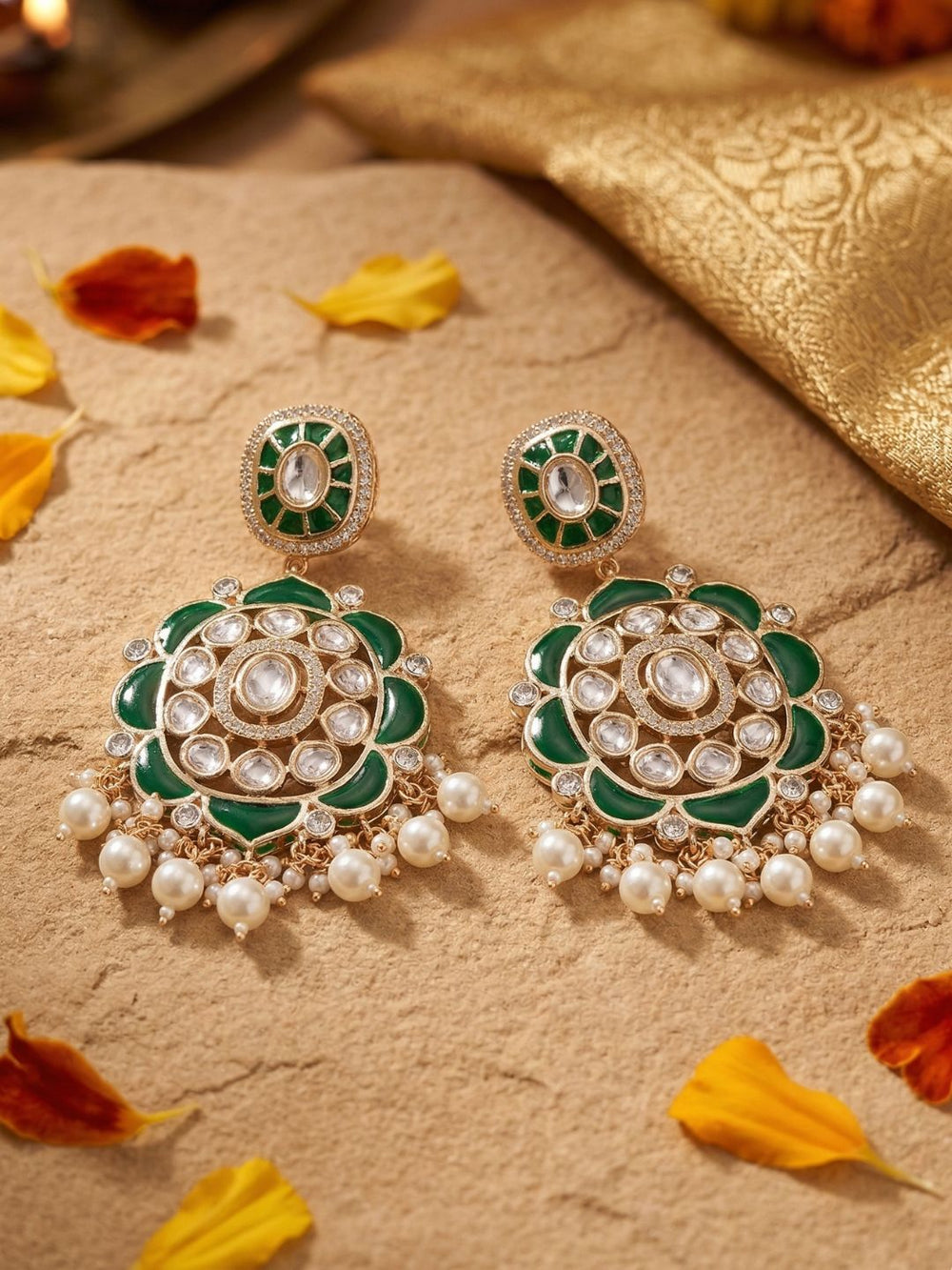 Traditional Kundan Stone Earrings for Women | Statement green chandbali Earrings For Ethnic & Festive Wear