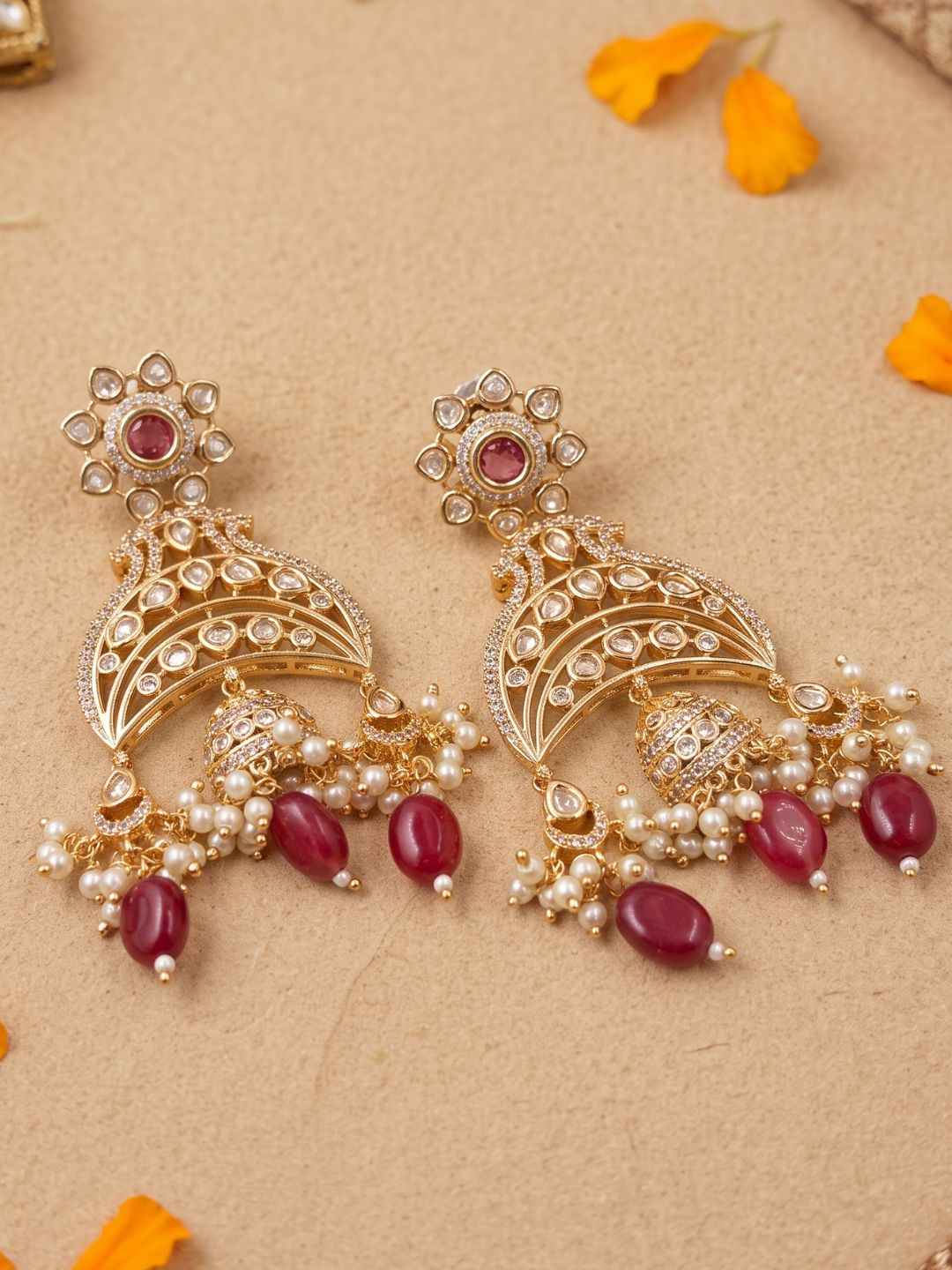 Designer Long Red Kundan Jhumka Earrings | Wedding And Festive Wear Earrings