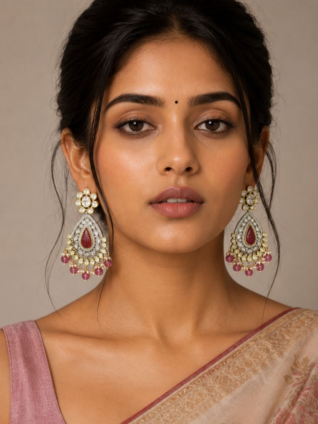 Dual Tone Pink stone Kundan Polki Chandbali Earrings | Ethnic And Traditional Earrings