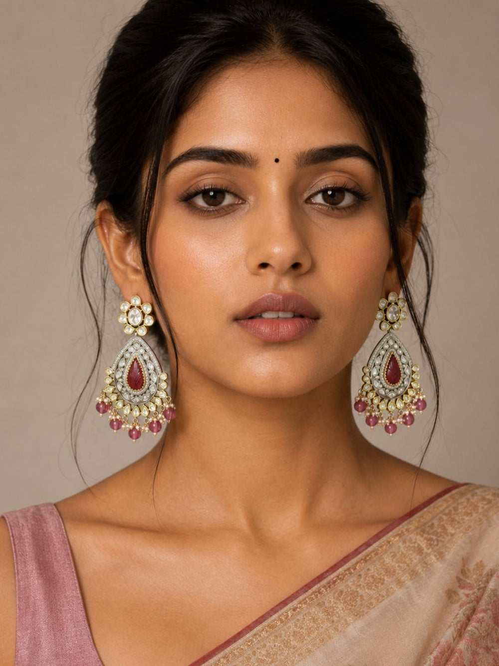 Dual Tone Pink stone Kundan Polki Chandbali Earrings | Ethnic And Traditional Earrings