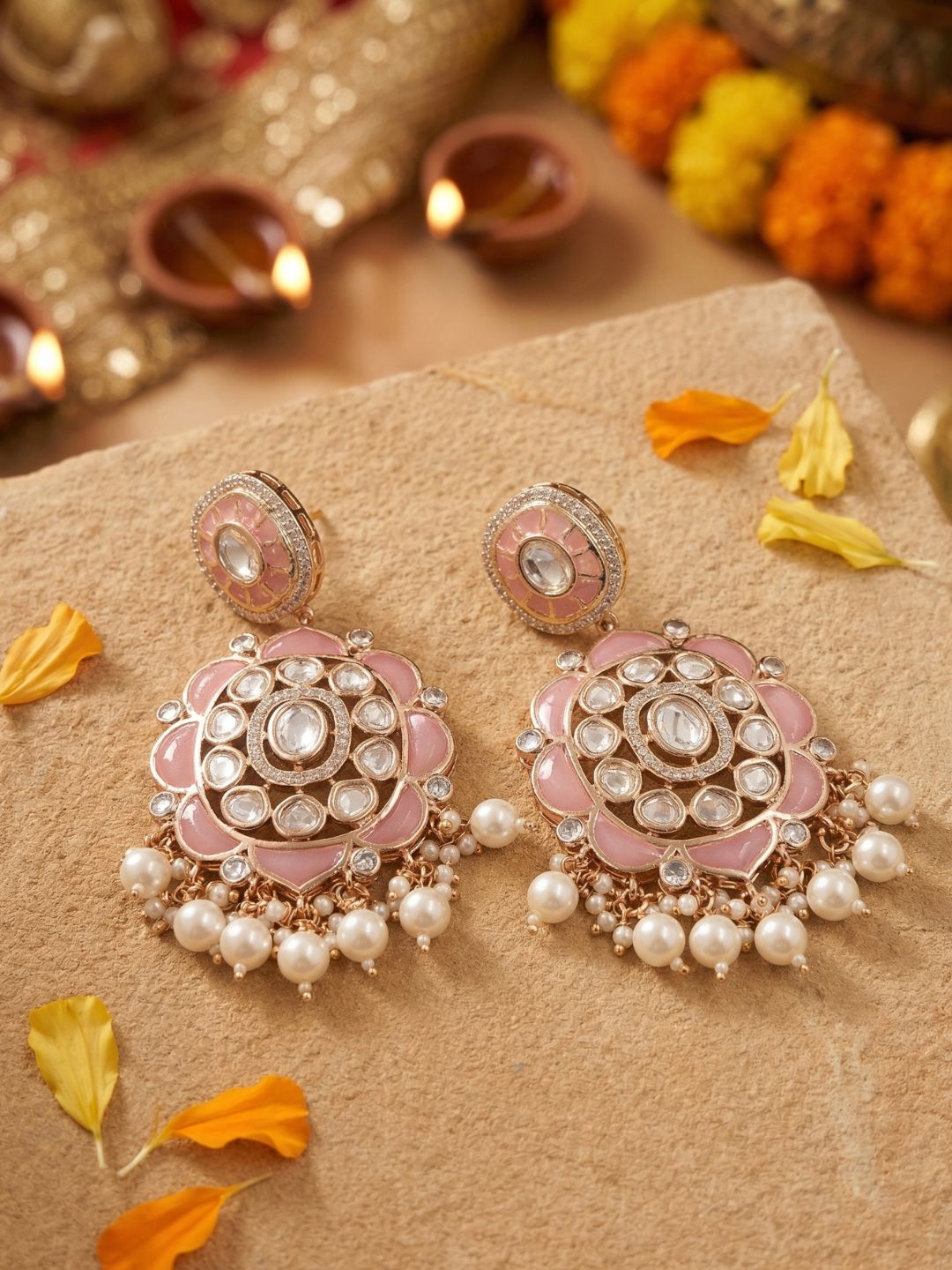 Traditional Kundan Stone Earrings for Women | Statement baby pink Earrings For Ethnic & Festive Wear