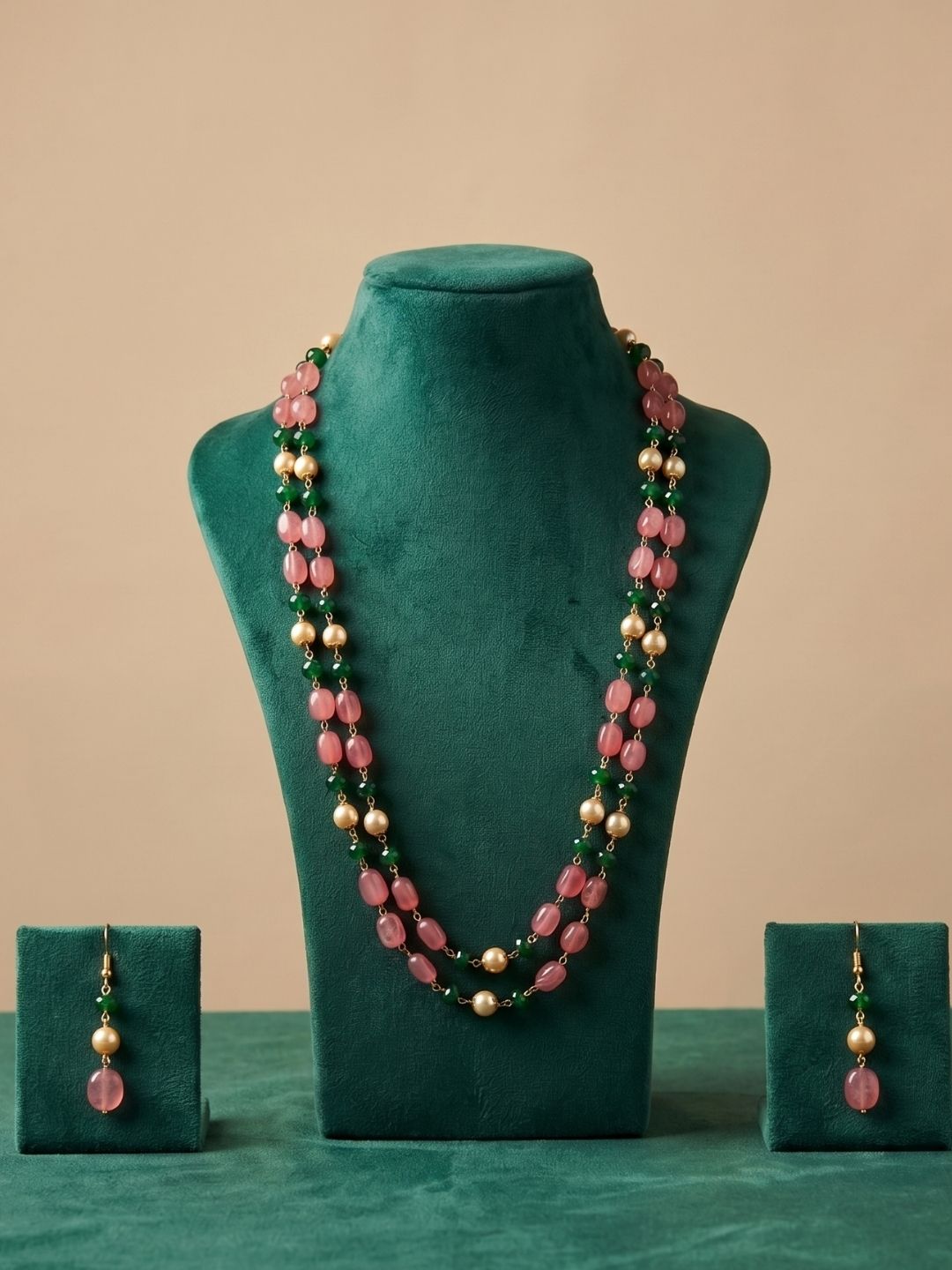 Pink & Green Jade Double Layered Long Beads Necklace For Ethnic Wear