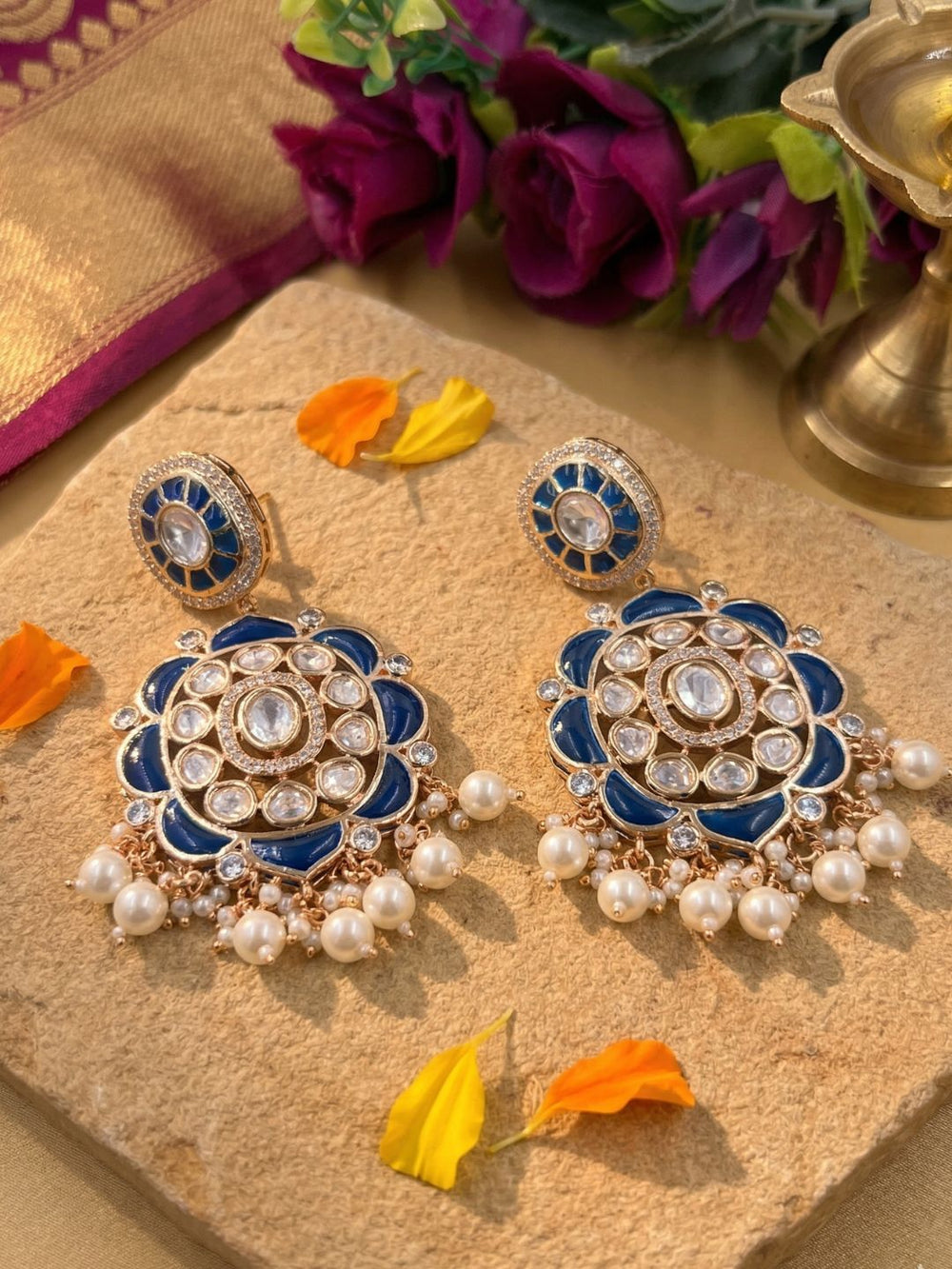 Traditional Kundan Stone Earrings for Women | Statement Navy blue Earrings For Ethnic & Festive Wear