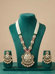 A traditional Indian jewelry set displayed on a teal velvet mannequin bust, featuring a multi-strand necklace with a large ornate pendant, matching earrings, and a small matching box on a beige background.