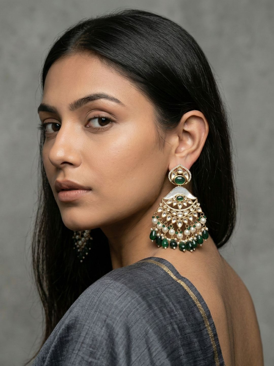 Designer Mother Of Pearl & Polki Kundan Chandbali Earrings with green bead drops | Wedding & Party Wear green kundan earrings 