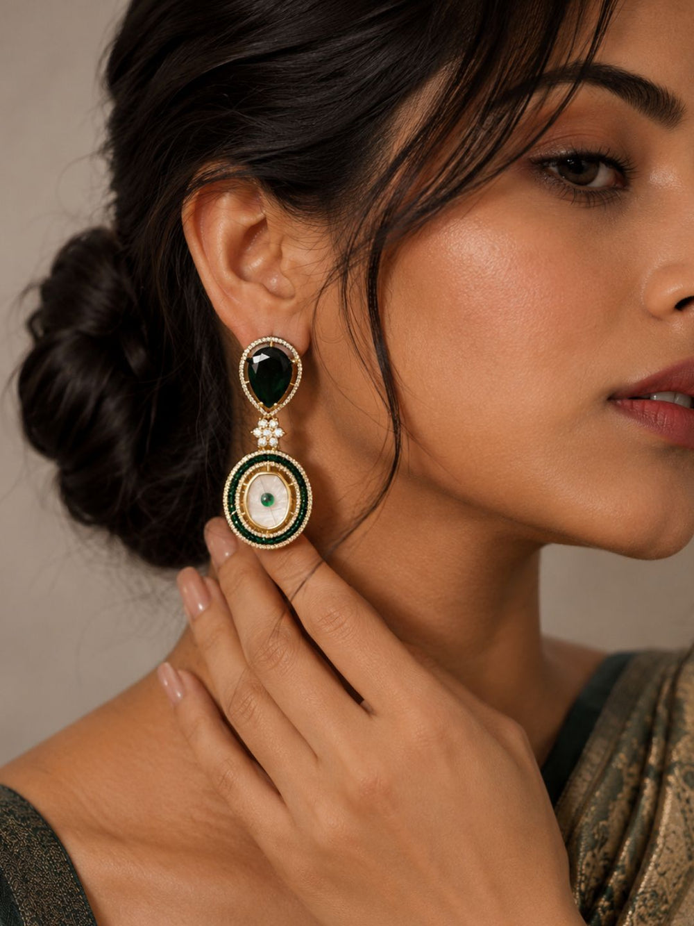 Statement MOP And green Stone Dangler Earrings For Women | Indo Western Earrings