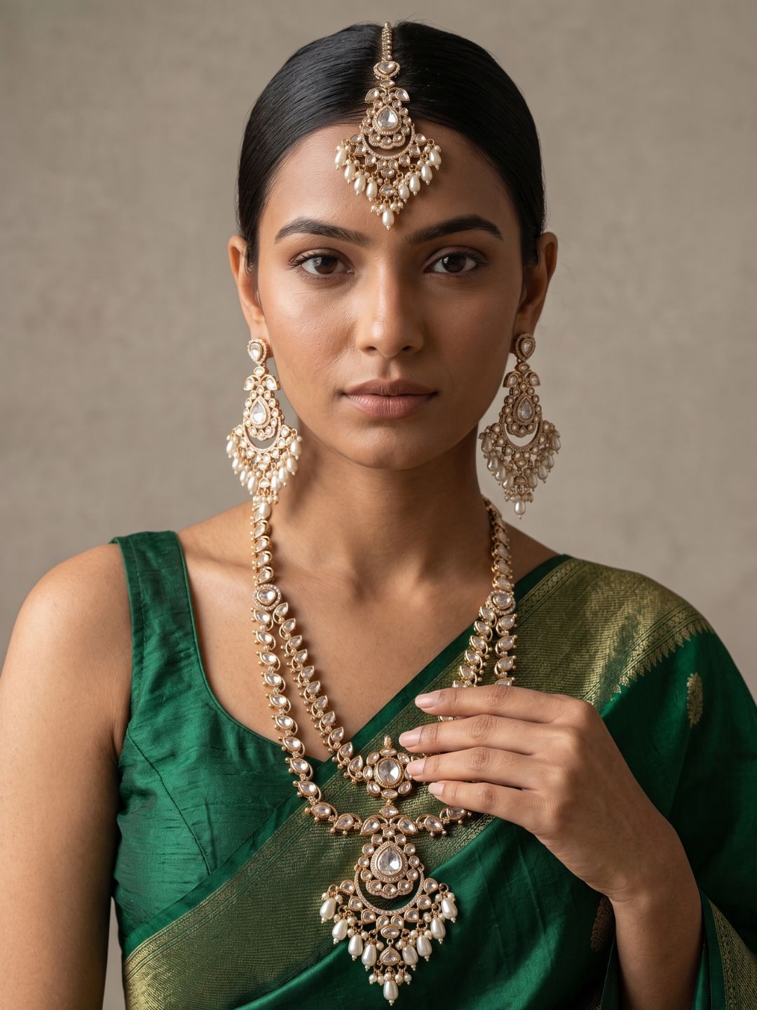 Luxurious Long Layered Polki Kundan Necklace Earring Set With Tikka  | Wedding And Bridal Jewellery
