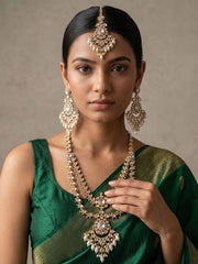 Luxurious Long Layered Polki Kundan Necklace Earring Set With Tikka  | Wedding And Bridal Jewellery