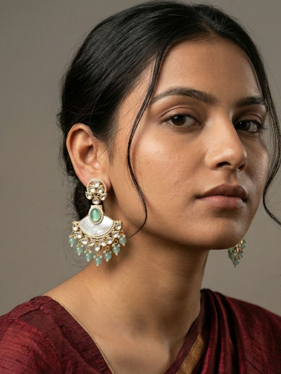 Designer mint green Kundan And Mother Of Pearl Beaded Chandbali Earrings For Women  - Statement Earrings