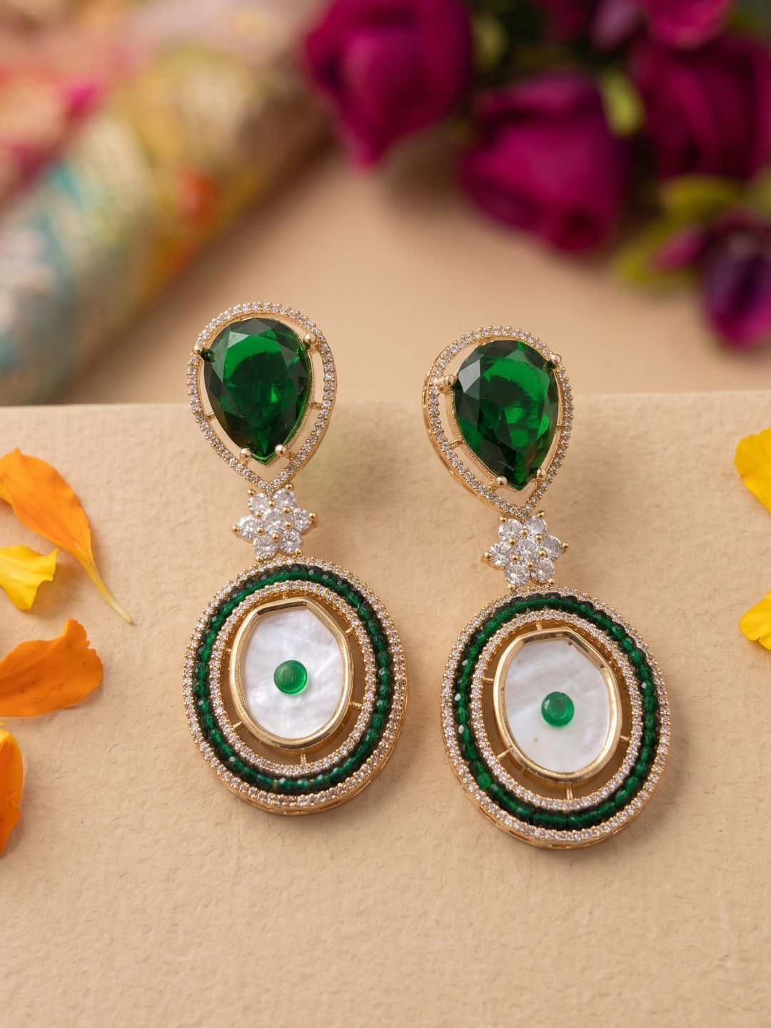 Statement MOP And green Stone Dangler Earrings For Women | Indo Western Earrings