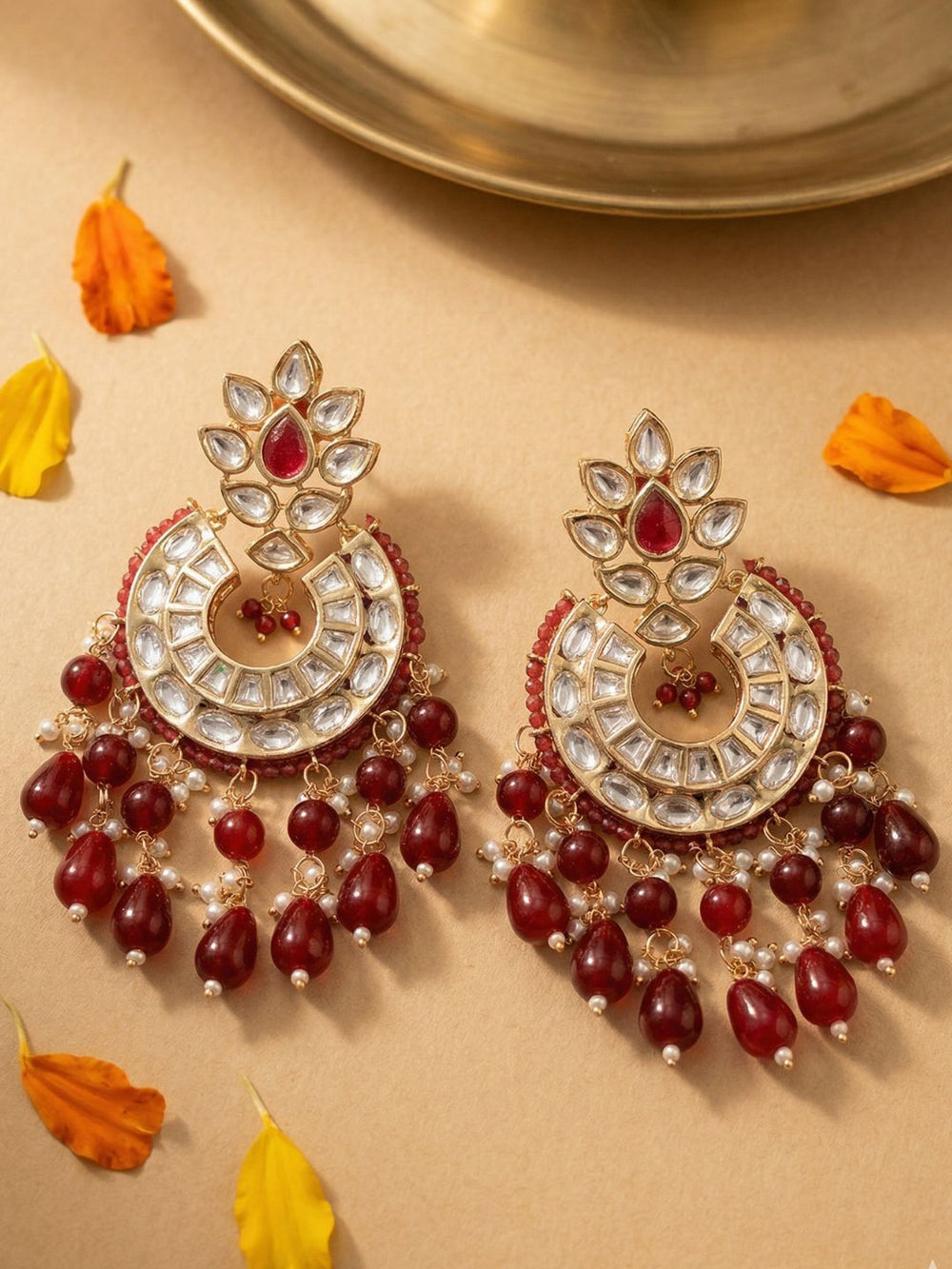 Traditional Gold Plated Polki Chandbali Earrings with maroon stone  beaded drops handcrafted For Women | Wedding And Party Wear earrings 
