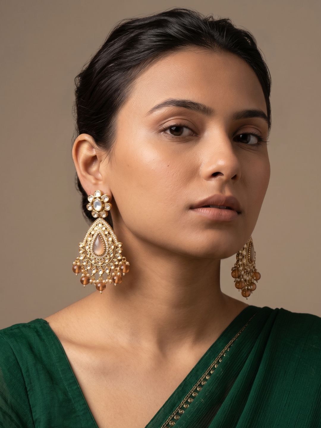 Kundan Polki Pearl Drop Chandbali Earrings For Women | Traditional Orange Bridal & Wedding Earrings