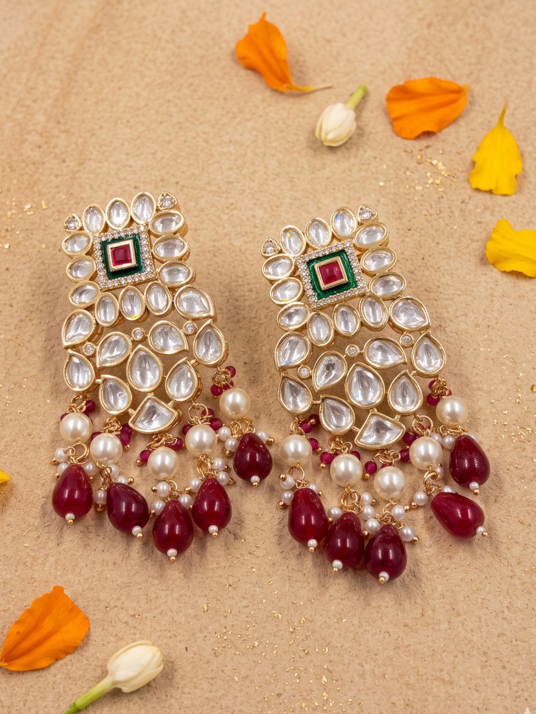 Vamika Pretty Polki Kundan Dangler Earrings With Red Drops | Statement Earrings