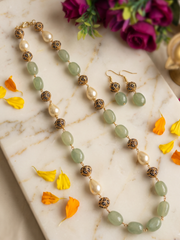Handcrafted Gemstone Long Green Beaded Necklace And Earring Set | Elegant Ethnic Jewellery