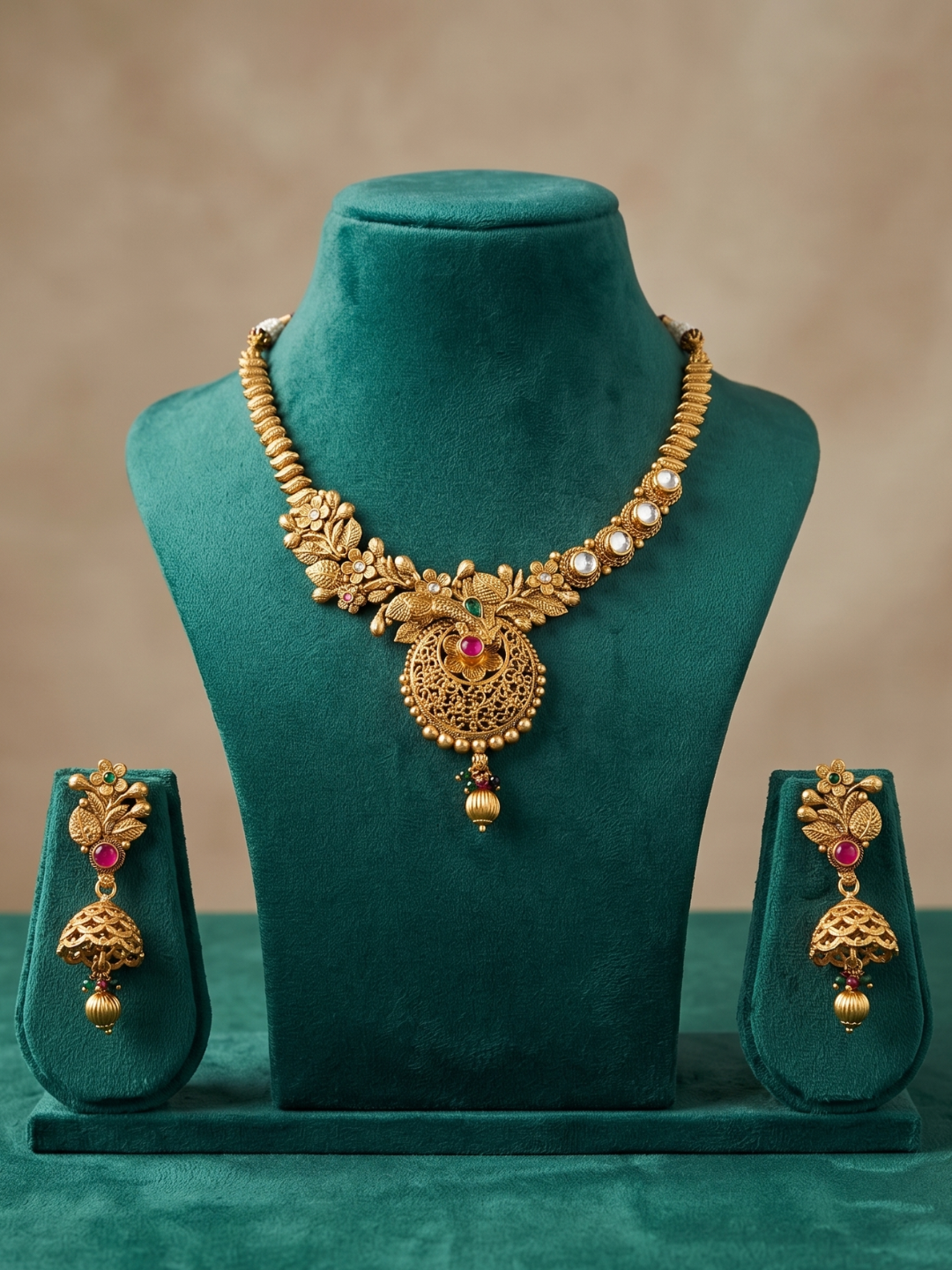 Ethnic Floral Detailed Gold Plated Antique Gold Jewellery Set For Women