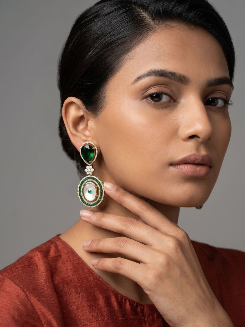 Statement MOP And green Stone Dangler Earrings For Women | Indo Western Earrings