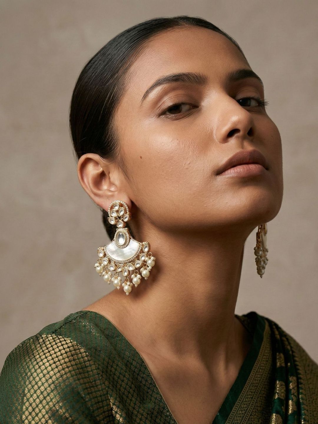 Designer Kundan And Mother Of Pearl Beaded Chandbali Earrings For Women  - Statement Earrings