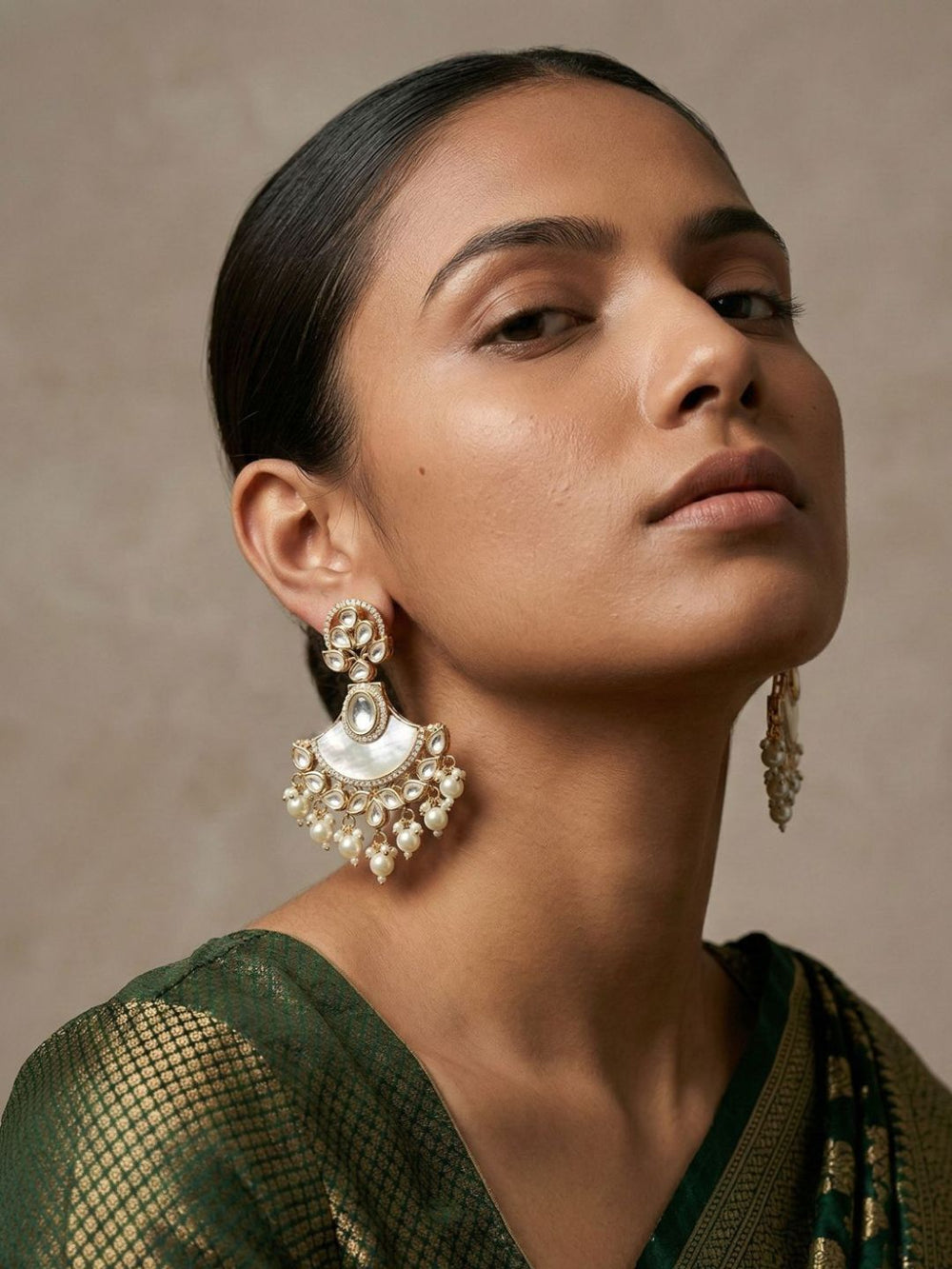 Designer Kundan And Mother Of Pearl Beaded Chandbali Earrings For Women  - Statement Earrings
