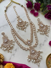 Luxurious Long Layered Polki Kundan Necklace Earring Set With Tikka  | Wedding And Bridal Jewellery