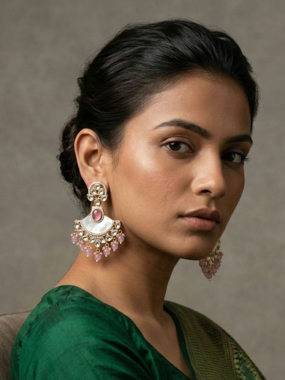 Designer baby pink Kundan And Mother Of Pearl Beaded Chandbali Earrings For Women  - Statement Earrings