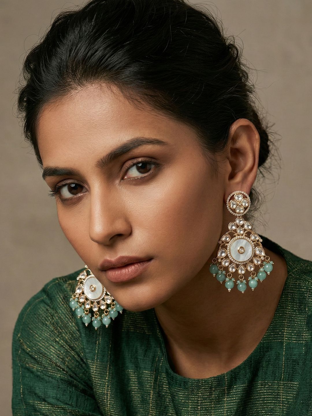 Designer Mother Of Pearl And Kundan Chandbali Earrings with mint green drops For Women - Wedding & Festive Wear