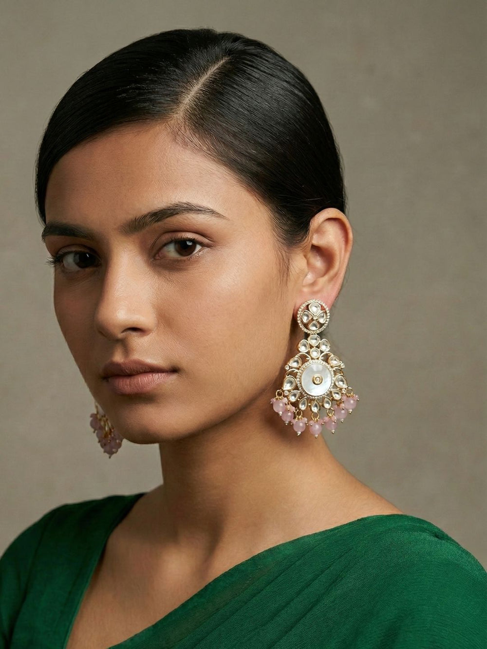 Designer Mother Of Pearl And Kundan Chandbali Earrings with pink stone drops For Women - Wedding & Festive Wear