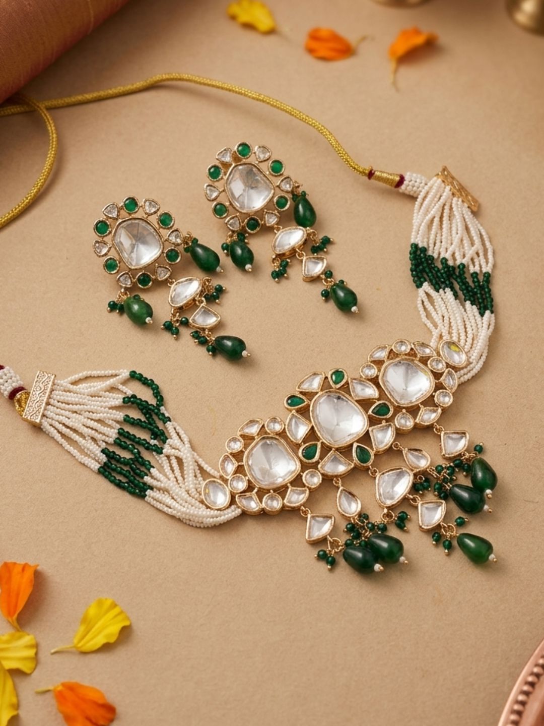 Exquisite Beaded Pearl Green Polki Choker Necklace Set | Statement  green kundan Choker