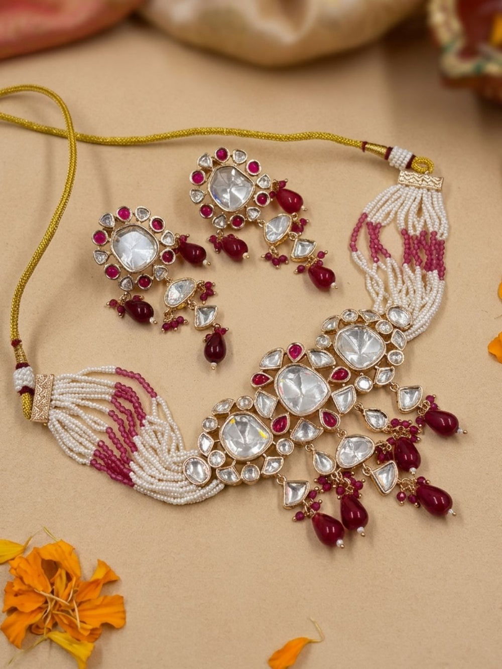Exquisite Beaded Pearl red  Polki  kundanChoker Necklace Set | Statement  ruby pink kundan Choker