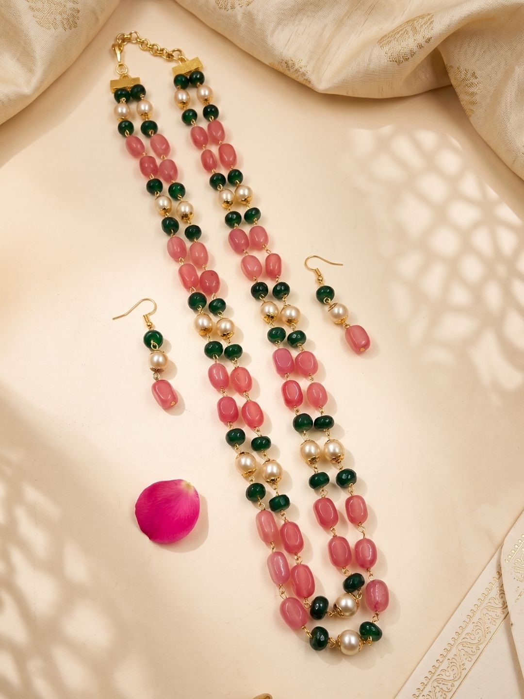 Pink & Green Jade Double Layered Long Beads Necklace For Ethnic and traditional Wear