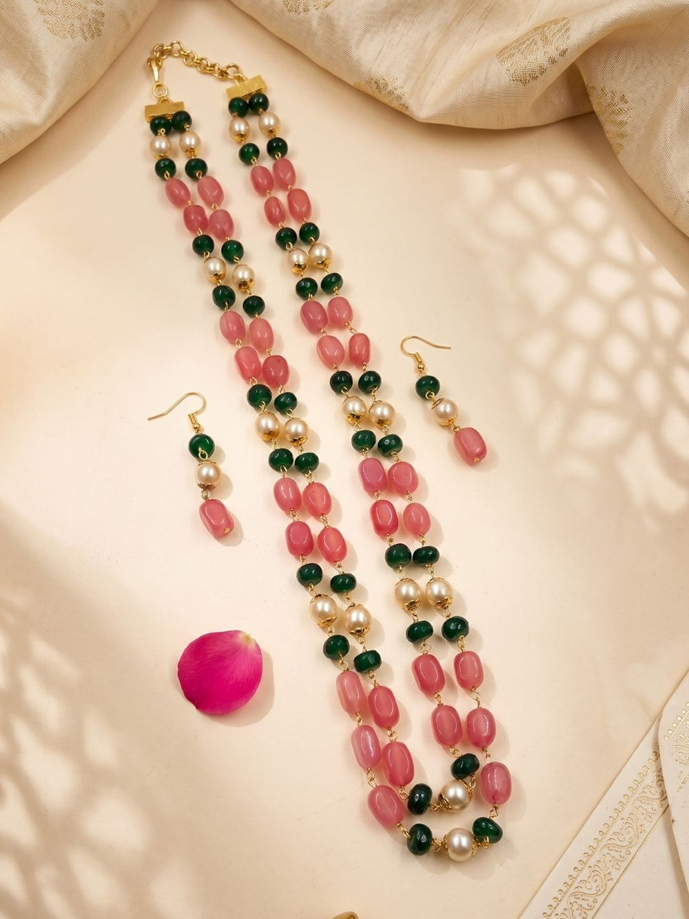 Pink & Green Jade Double Layered Long Beads Necklace For Ethnic and traditional Wear