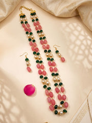 Pink & Green Jade Double Layered Long Beads Necklace For Ethnic and traditional Wear