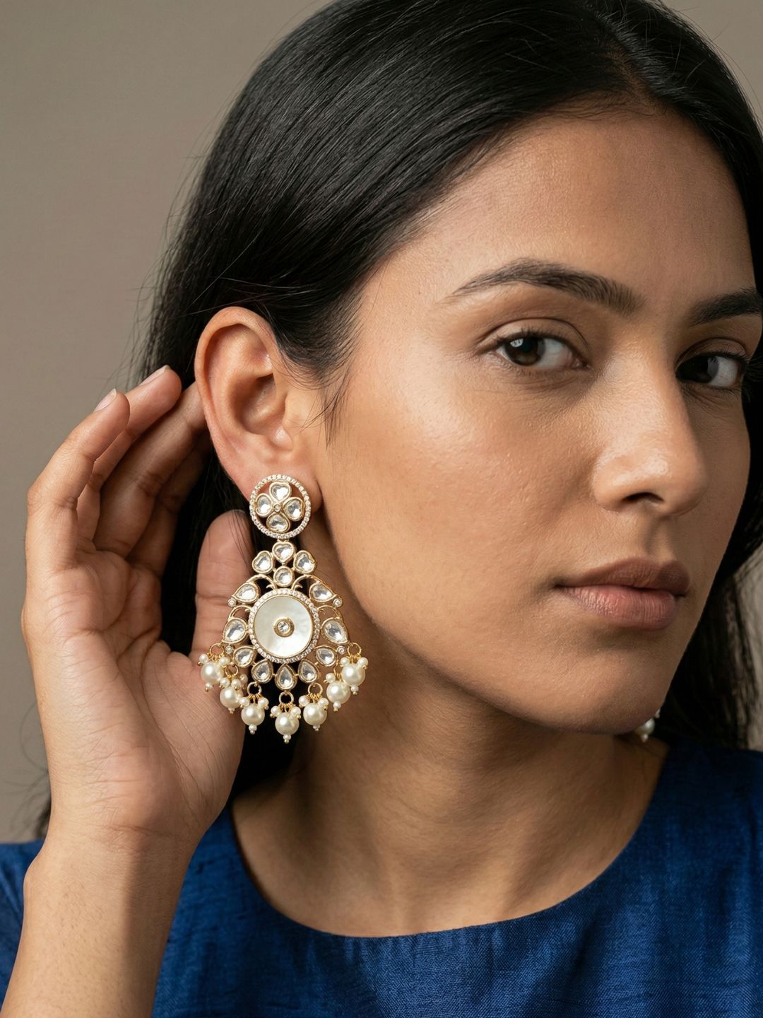 Designer Mother Of Pearl And Kundan Chandbali Earrings with pearl drops For Women - Wedding & Festive Wear