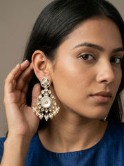 Designer Mother Of Pearl And Kundan Chandbali Earrings with pearl drops For Women - Wedding & Festive Wear