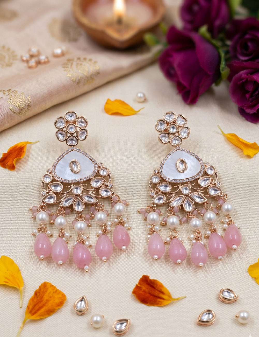 Elegant Gold Plated Mother Of Pearl And Kundan Earrings with pink drops  For Women - Statement Earrings