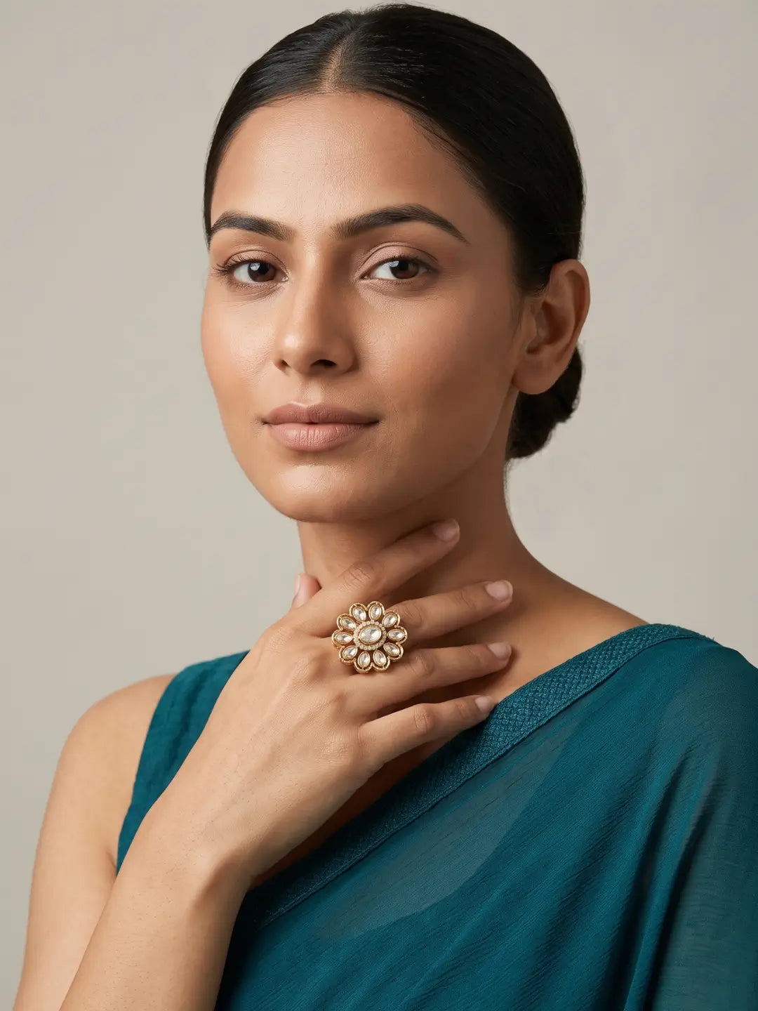 Gold Plated Polki Kundan Adjustable Ring For Women | Ethnic & Traditional
