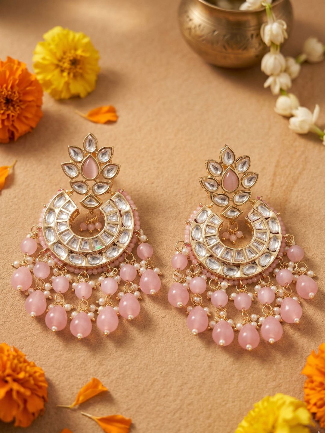 Traditional Gold Plated Polki Chandbali Earrings with babay pink stone beaded drops handcrafted For Women | Wedding And Party Wear earrings 