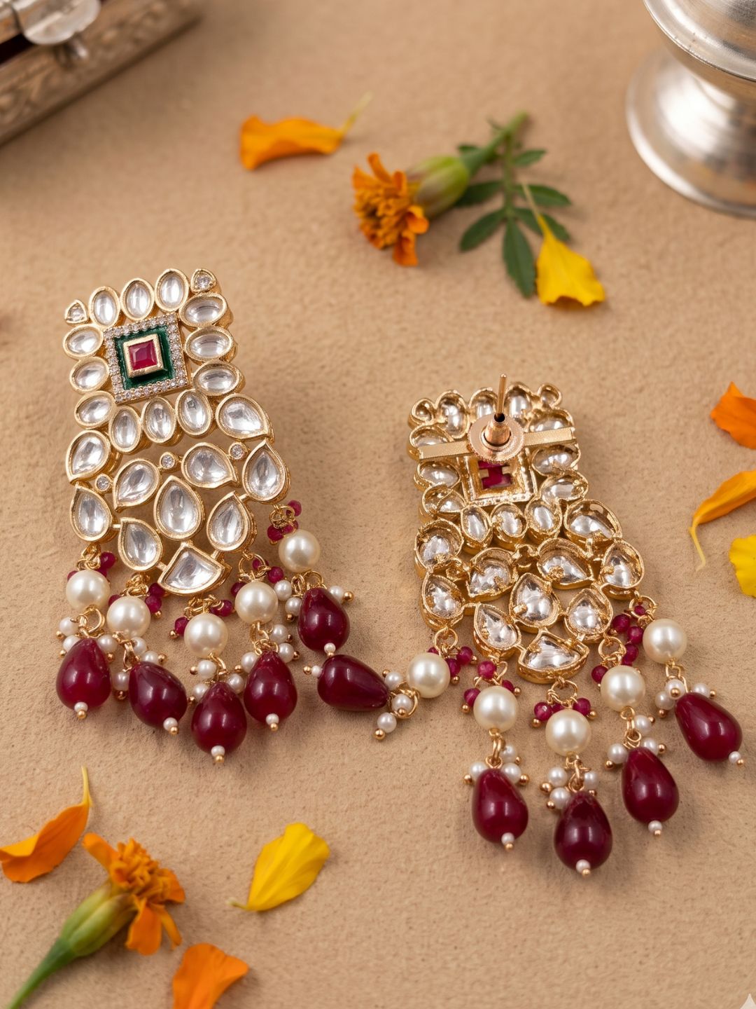Vamika Pretty Polki Kundan Dangler Earrings With Red Drops | Statement Earrings
