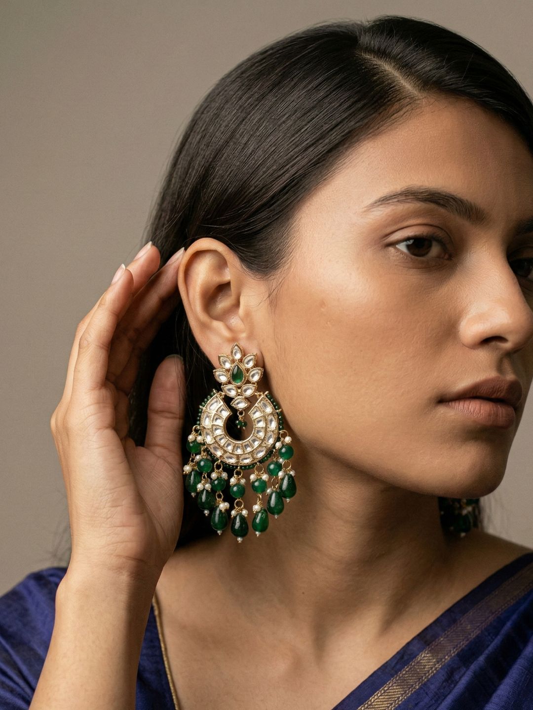 Traditional Gold Plated Polki Chandbali Earrings with green beaded drops handcrafted For Women | Wedding And Party Wear green earrings 