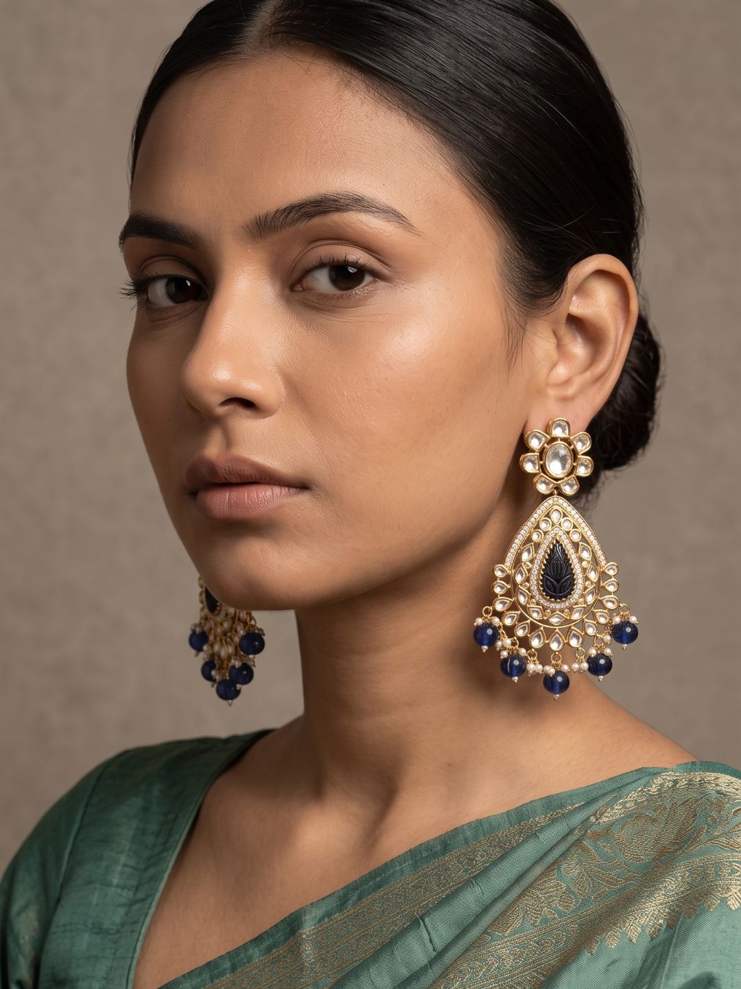 Kundan Polki Pearl Drop Chandbali Earrings For Women | Traditional Blue Bridal & Wedding Earrings