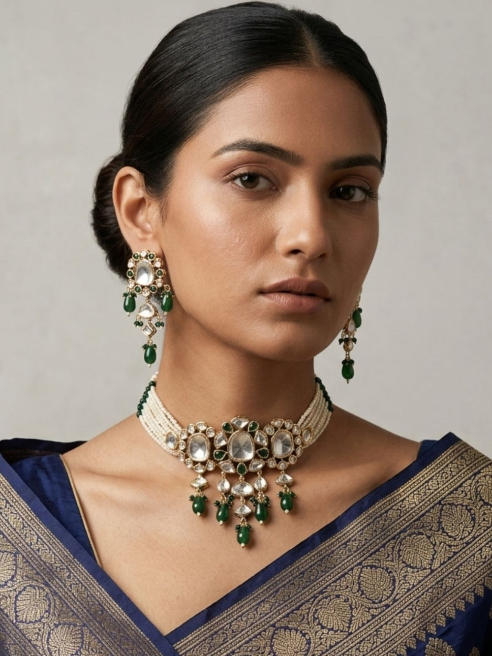 Exquisite Beaded Pearl Green Polki Choker Necklace Set | Statement  green kundan Choker