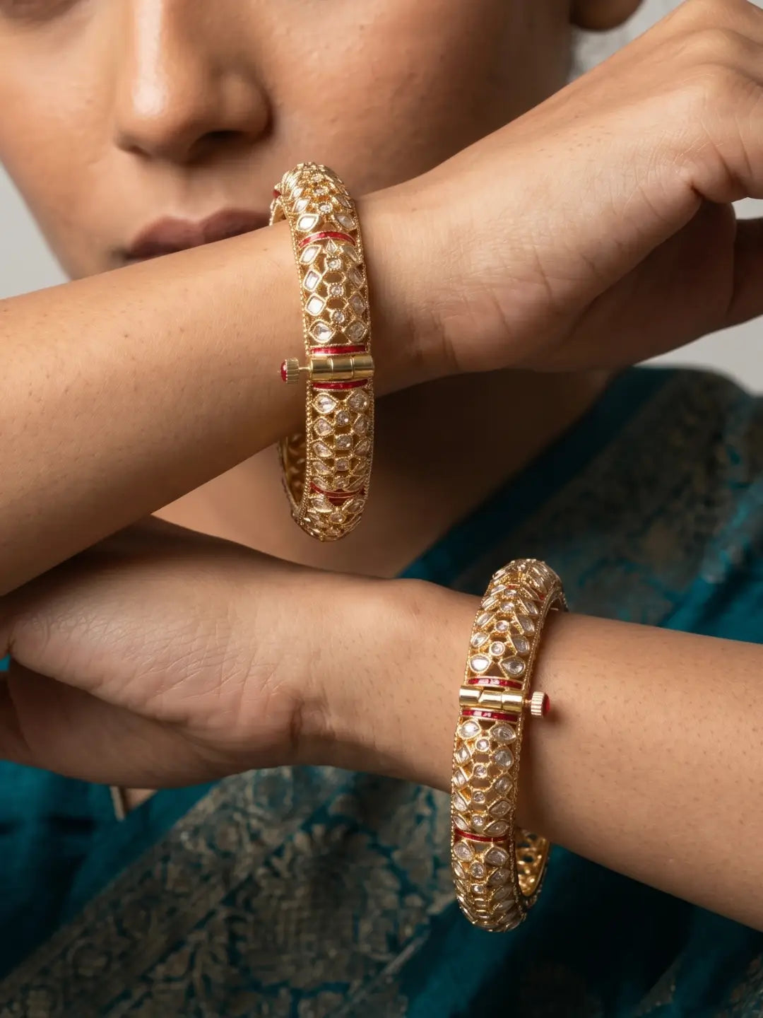 Beautiful Gold Plated Uncut Polki Imitation Bangles With Red Enamel | Wedding, Festive & Bridal Bangles