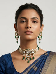 Exquisite Beaded Pearl Green Polki Choker Necklace Set | Statement  green kundan Choker