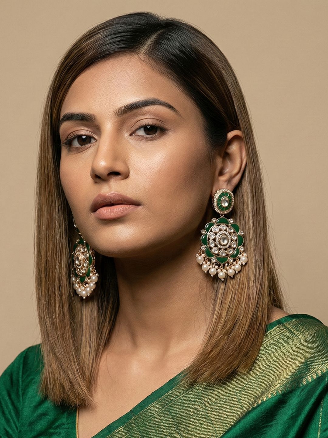 Traditional Kundan Stone Earrings for Women | Statement green stone Earrings For Ethnic & Festive Wear