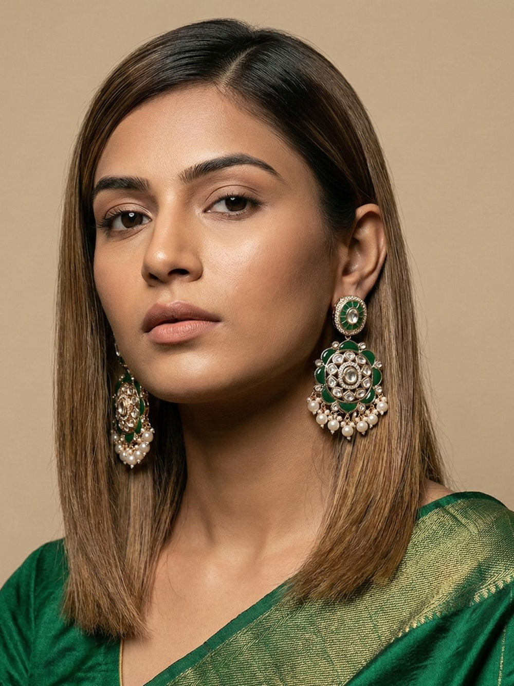 Traditional Kundan Stone Earrings for Women | Statement green stone Earrings For Ethnic & Festive Wear