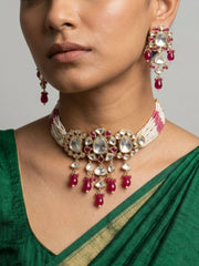 Exquisite Beaded Pearl Red Polki Choker Necklace Set | Statement  Red kundan Choker