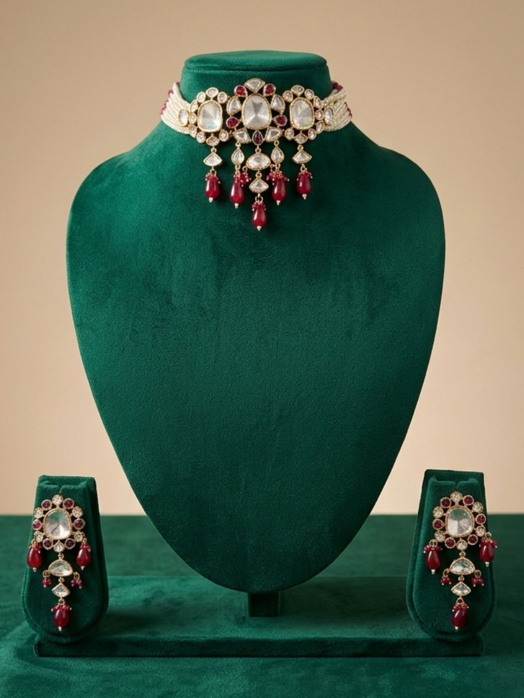 Exquisite Beaded Pearl red kundan Polki Choker Necklace Set | Statement  green kundan Choker